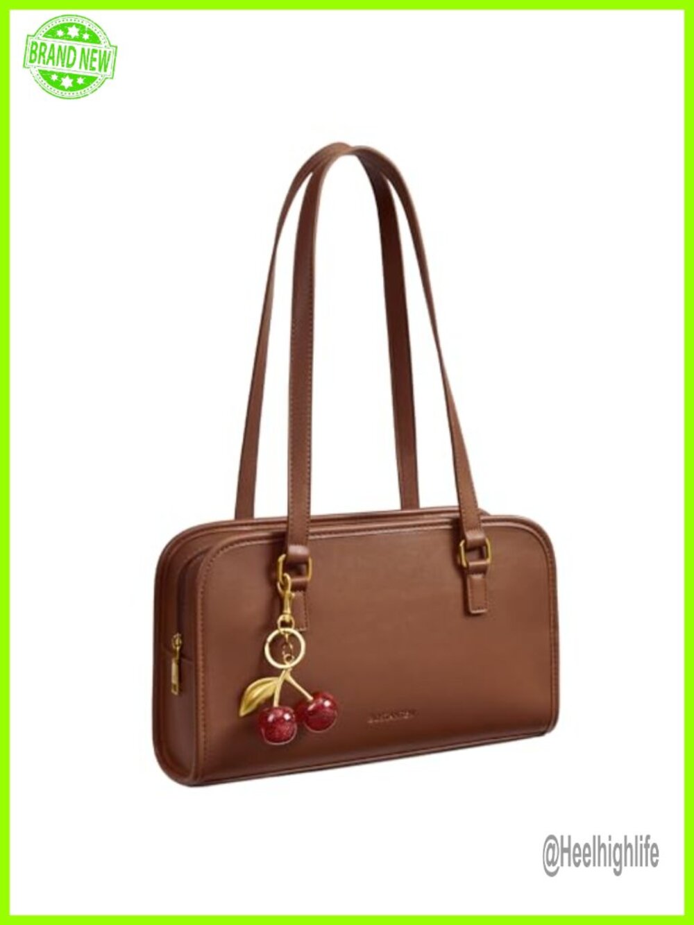 Vegan Leather Shoulder Bag with Cherry Charm Zip Hobo Purse